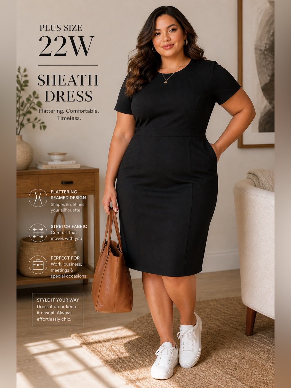 Plus Size 22W Black Sheath Dress Career Work Office Stretch Midi Professional